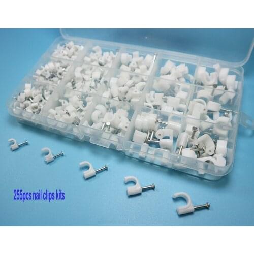 255pcs/box Plastic 4/5/6/7/8mm Circle Cable Clip C Shaped High Carbon Steel Nails Cable clips Wire Wall holder