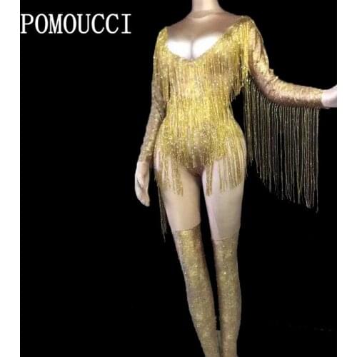 Sparkly Gold Rhinestones Tassel Bodysuit One Piece Leotard Dance Wear Womens Celebrate Female Singer Crystals Costume Outfit