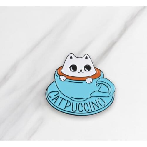 CATPUCCINO Enamel Brooches Cartoon Lovely Coffee Button Pins for clothes bag Badge Cat Fans Jewelry Gift for friends kids