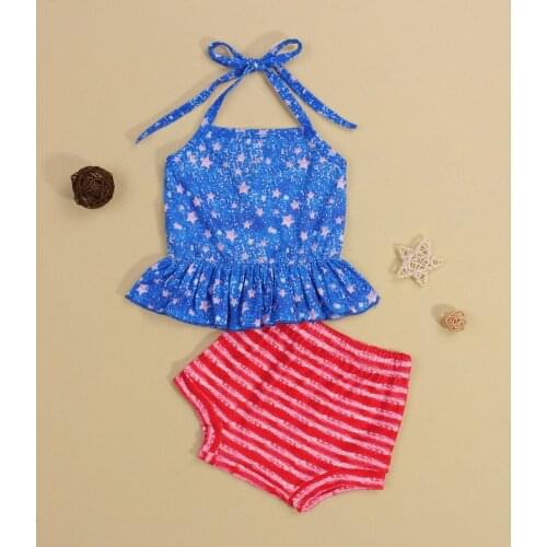 FOCUSNORM 0-4Y Independence Day Baby Girls Clothes Sets Star Printed Sleeveless Belt Ruffles Vest Tops Striped Shorts