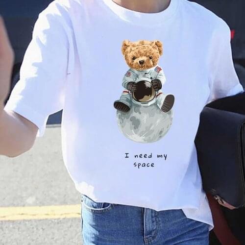 BLINGPAW Graphic T Shirts Teddy Bear I Need My Space Letter Print T-shirt Astronaut Moon Unisex Tees Summer Tee Shirts