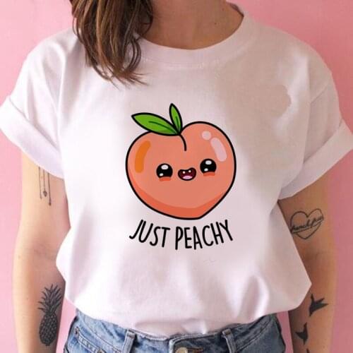 Women T-Shirt Peach Juice O-Neck White T-shirt Oversized Lady Harajuku Kawaii Top Tees Casual T-shirt Fashion Female Streetwear