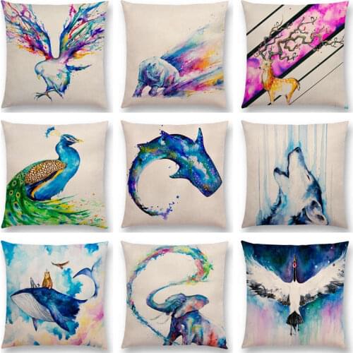 Hot Sale Animals Watercolor Art Painting Eagles Rhinos Deer Elk Peacock Wolf Lion Whale Elephant Bird Cushion Sofa Throw Pillow