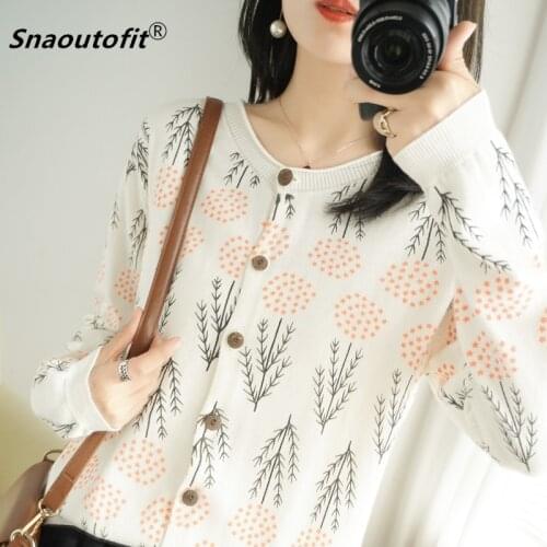 Spring Summer New Sweater 100% Cotton Round Neck Loose Large Size Long-Sleeved Cardigan Printed Blouse Korean Womens Jacket