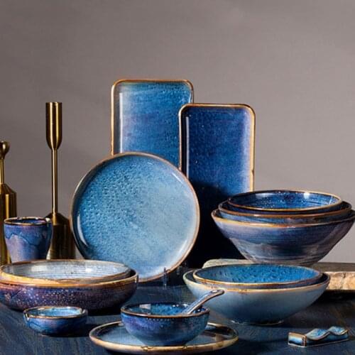 Retro Ceramic Dinner Plates Bowls Tableware Set Interstellar Blue Dishes Dinnerware Set Dinner Plates Set Platos Platos De