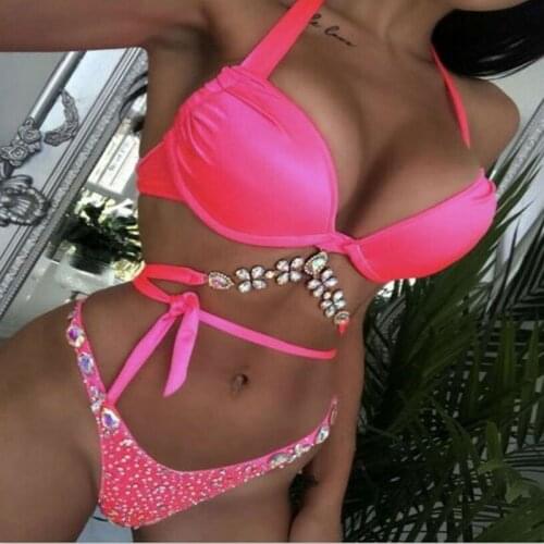 Sexy Women Adjustable Bandage Glitter Rhinestone Bikini Set Halter Push Up Padded Bra Fashion Bling Stones Panties Swimwear