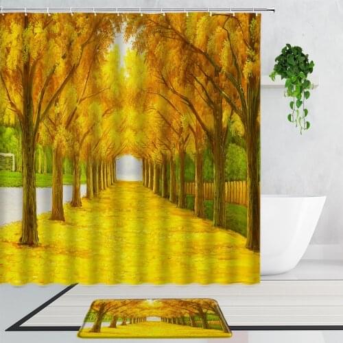 Beautiful Autumn Scenery Shower Curtains Yellow Fallen Leaves Trail Forest Flowers Bathroom Curtain Set Non-Slip Bath Mats Rugs