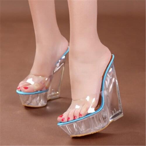 Summer platform ultra high heel sandals, shoes high transparent crystal shoes waterproof platform 15CM wedge-heel slippers