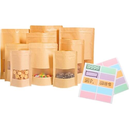 Kraft Food Bag 100pcs Food Storage Bags Reusable with Label, Zip Lock Food Storage Bags with Matte Window