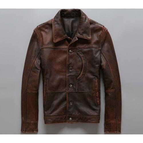 2018 Vintage Brown Men Smart Casual Leather Jacket Single Breasted Plus Size XXXL Genuine Cowhide Russian Coats