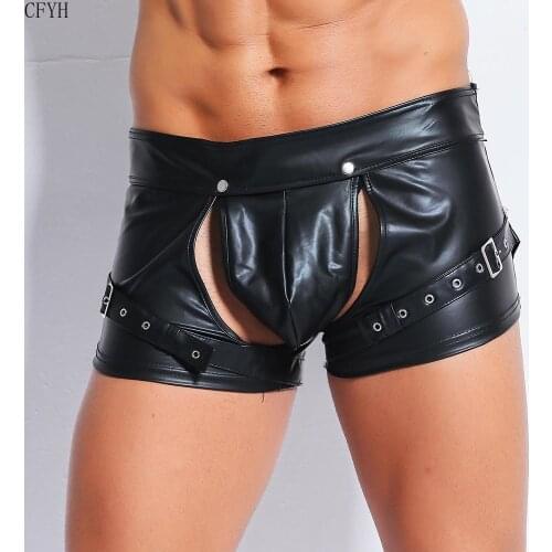 Male Sexy Gothic Leather Boxer Shorts Wetlook Punk Boxershort DS Club Costume Gay Fetish Erotic Lingerie Disfraces Adultos