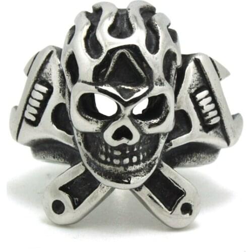 1pc Boys Mens 316L Stainless Steel Cool Fashion Biker Spanner Skull Ring Biker Ring Factory Price
