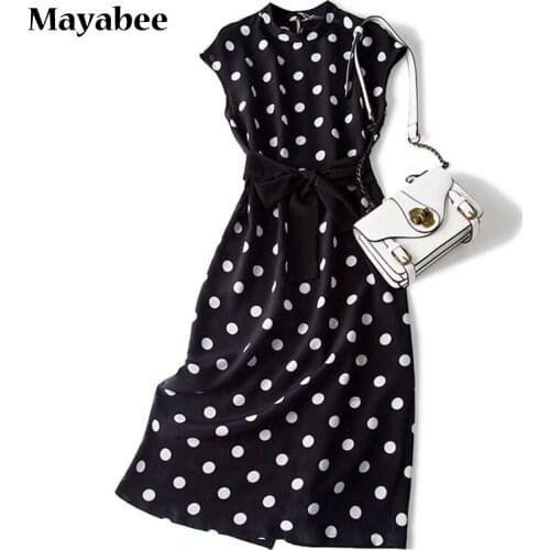 2021 Spring And Summer New Mulberry Silk Big Polka Dot Black Printing Belt Waist Sleeveless Straight Dress Long Skirt