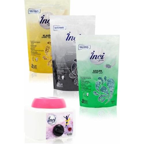 Pearl depilatory azulene, black, yellow, 3 PCs 200 grams (total 600 gram) + waxing heater machine, hard beads waxing, feather alma hair removal