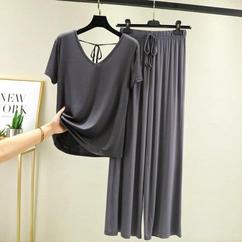 Modal Pajamas Summer Sleepwear Women New Style V-Neck Beautiful Back Wide-Leg Pants Large Size Loose Short Sleeves Home Suit