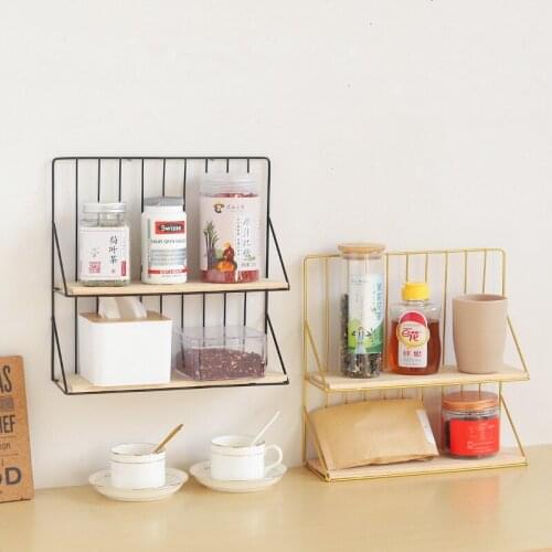 Homelily Simple Iron Double Wall Shelf Creative Nordic Style Decorative Shelves Living Room Kitchen Desktop Storage Wood Shelf