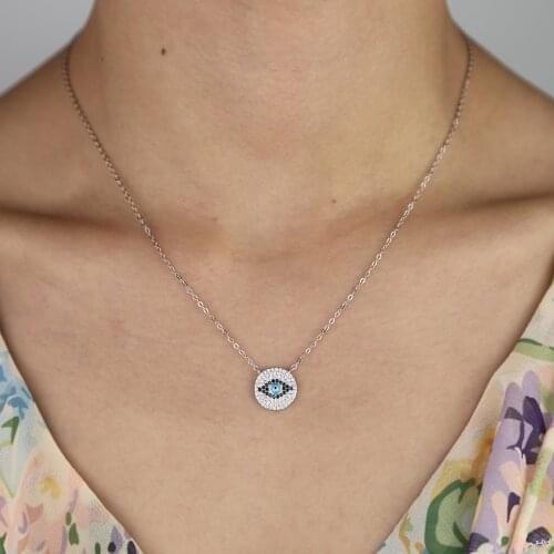 Simple geometric Round disk pendant micro pave evil eye shape 925 sterling silver cz eye necklace