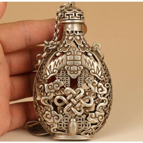 Rare Chinese Tibet-silver Copper Hand solid Carved Bat Statue Snuff Bottle