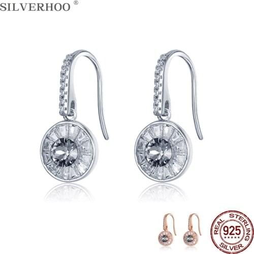 SILVERHOO 925 Sterling Silver Earrings For Women Trendy Round Full Cubic Zirconia Drop Earring Fine Anti-Allergy Silver Jewelry