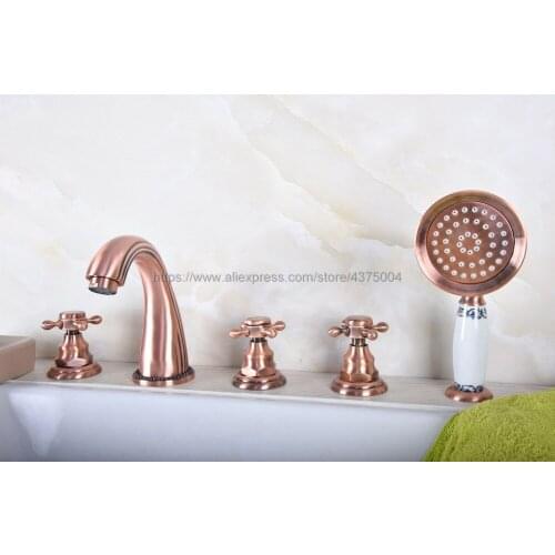 Widespread Antique Red Copper Bathroom Tub Faucet 3 handle 5 hole Deck Mounted Hand Shower Sprayer Ntf181