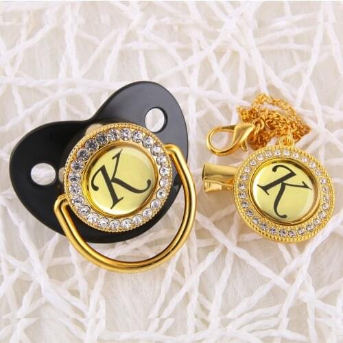 Initial Pearl Crystal Black Pacifier 26 Letters Rhinestone Beaded Bling Pacifier Baby Orthodontic Dummy Crystal Pacifier Nipple