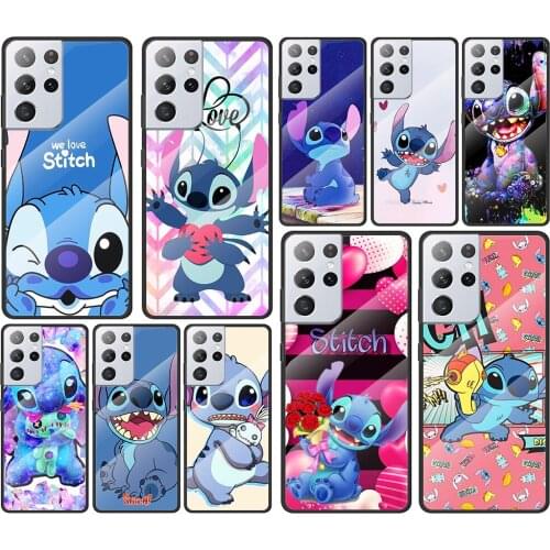 Stitch cute cartoon for Samsung Galaxy S21 Ultra Plus A72 A52 4G 5G M51 M31 M21 Luxury Tempered Glass Phone Case Cover