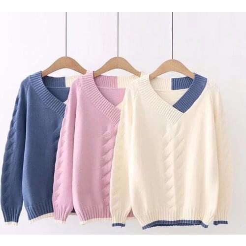 Japanese Mori Girl Small Fresh Fashion Knitted Sweater Female Long-sleeved Color Matching V-neck Sweater Women Pullover Spring