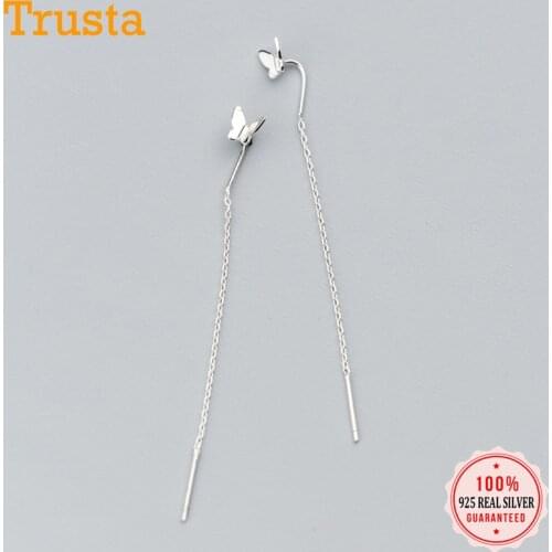 Trusta 2019 Fashion Hot 100% 925 Sterling Silver Stud Earrings Little Butterfly Linked 6.8cm Drop Stick Girls Friends Gift DS609