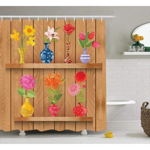 Daffodil Shower Curtain Glass Vases with Colorful Flowers On Wooden Shelves with Pastel Effects Artsy Graphic Bathroom Curtains