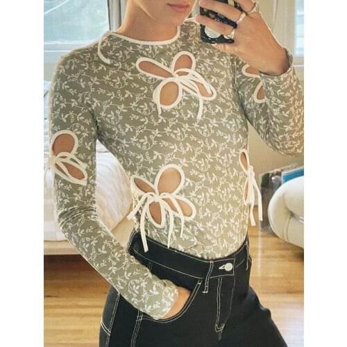 Fashion Women Bow Tops Hollow Out Long Sleeve Casual Top Shirt Sexy Ladies O Neck Printed Skinny Y2K Fashion Out Blouse T-Shirt