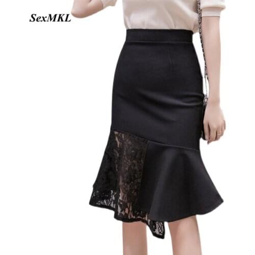 2021 Elastic Lace Patchwork Black Skirt Women Streetwear High Waist Sexy Skirts Midi Korean Fashion Elegant Office Party Skirt