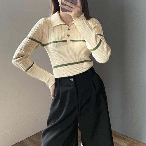 Spring and Autumn New Pure Wool Sweater Women Polo Collar Women Pullover Long Sleeve T-shirt Knitted Slim Women Top