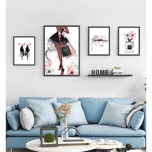 Woman Pictures for Living Room Modern Decoration Fashion Wall Art Perfume Lips Poster Nordic Print High Heels Canvas Painting