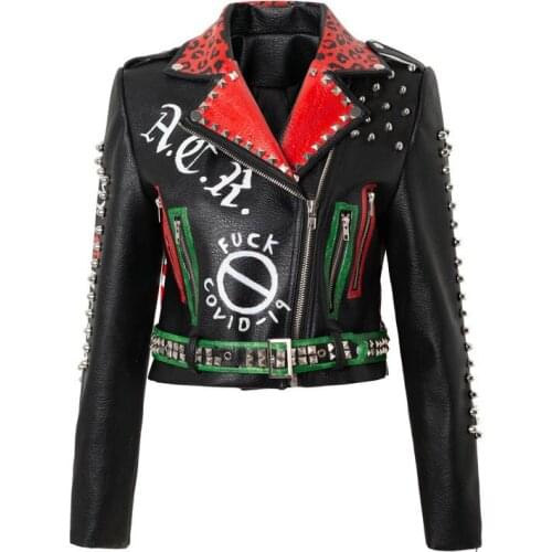 Women Spring Graffiti Skull Motorcycle Jackets Faux Leather Jacket Rock Punk DJ Club Jacket and Coat For Women