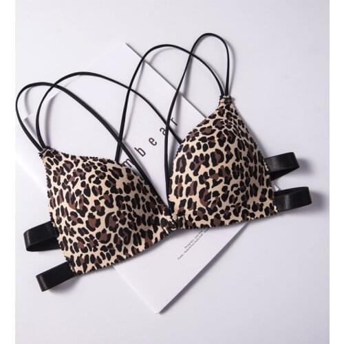 Women Leopard Print Bra Front Buckle Deep V Gather Cross Beauty Back Bra