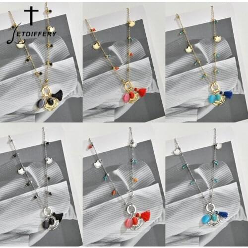Letdiffery Bohe Red Tassel Beads Chain Women Necklace Vintage Stainless Steel Blue Stone Sector Necklaces Jewelry Accessories