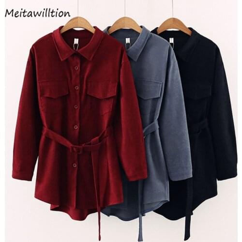 Women Corduroy Dress Casual Solid Buttons Pockets Turn-down Collar Long Sleeve Dress With Belt 2020 Vintage Loose Dresses