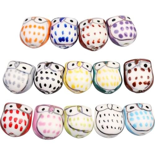 10pcs/lot Hand Painted Owl Animal Charm Beads 15*16mm Round Loose Spacer Ceramic Bead for DIY Jewelry Making Findings