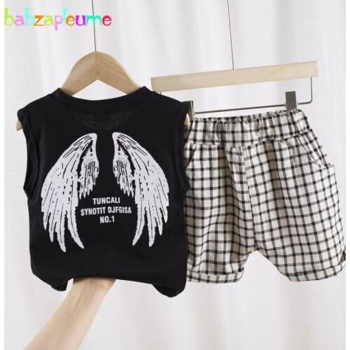2020 Kids Summer Clothes Korean Sleeveless Cotton Fashion Print Vest Children T-shirt+Casual Plaid Pants Baby Clothing Sets 1896