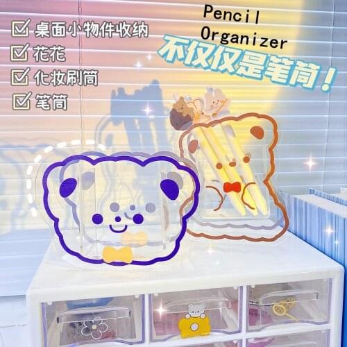 Acrylic Pen Holder Student Office Stationery Makeup Brush Storage Box Girls Cosmetic Organizer Case Cute Bear Desktop Decoration
