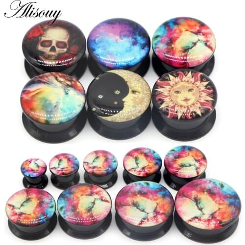Alisouy 2pcs Acrylic UV Screw Sky Ear Gauges Plugs Expanders Earring Stretching Kit Piercing Moon Sun Body Jewelry Flesh Tunnels