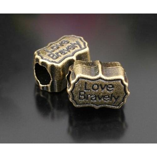 E291)30 pieces 11x9mm,hole:5mm Antique Bronze Zinc Alloy Love Bravely Large Hole Spacer Bracelet Beads Jewelry Accessories