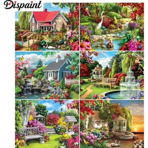 Dispaint Paint With Diamond Embroidery "House tree landscape" Diamond Painting Full Square Round Picture Of Rhinestone Decor