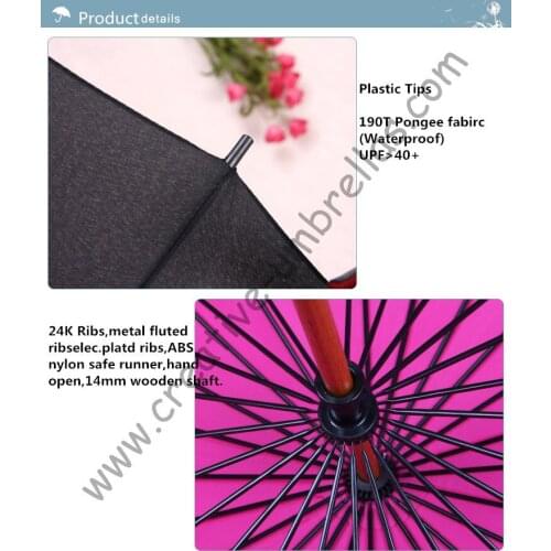 24 ribs combination fabric wooden umbrellas 14mm wooden shaft and fluted metal long ribs,hand open,190T pongee
