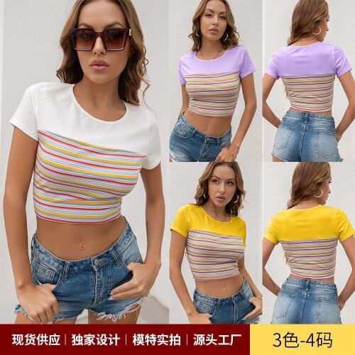 Summer Slim Fit Midriff-Baring Ultra Short Sexy round Neck Short Sleeve T-shirt Casual Top bare midriff shirts women tops