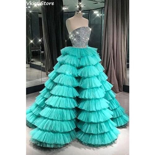 Tiered Evening Dress Green A-line Luxury Sequin Top Strapless Layer For Girl Party 2020 New Prom Dresses платья знаменитостей