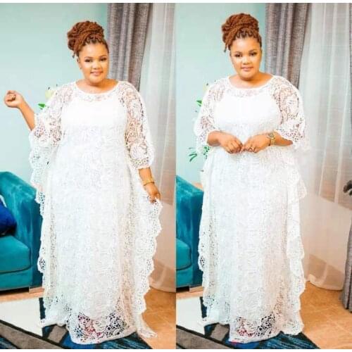 New Fashion African Women Dashiki Water-Soluble Guipure Cord Lace Loose Long Dress + Inside Skirt Two Piece Free Size