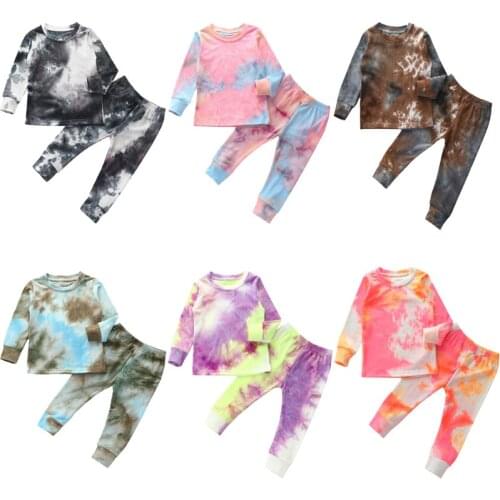 Kids Baby Girls Clothing Pyjamas Ribbed Knitted Tie Dye Pajamas Sets Cotton Long Sleeved Tshirt+Trousers
