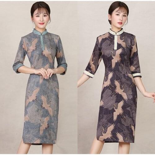 Cheongsam Dress 2019 Japanese Fashion Print Red-Crowned Crane Kimonos Oriental Dress Yukata Women Ao Dai Vietnam Dress AA4463