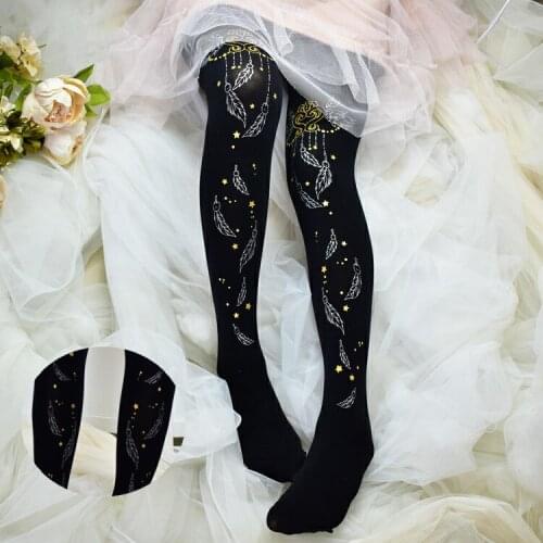 Princess women girl Lolita stockings pants tights Gothic Black white Two-sided printing feather flower Pantyhose LimitedXWZ-L011
